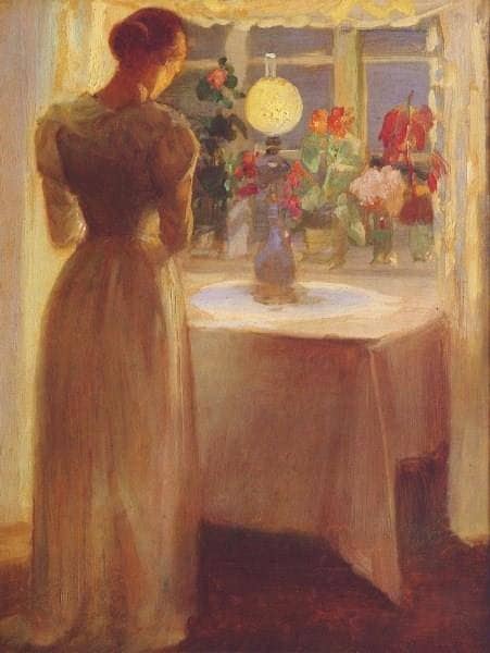 Young Girl Before a Lit Lamp by Anna Ancher — Oil Painting Reproduction
