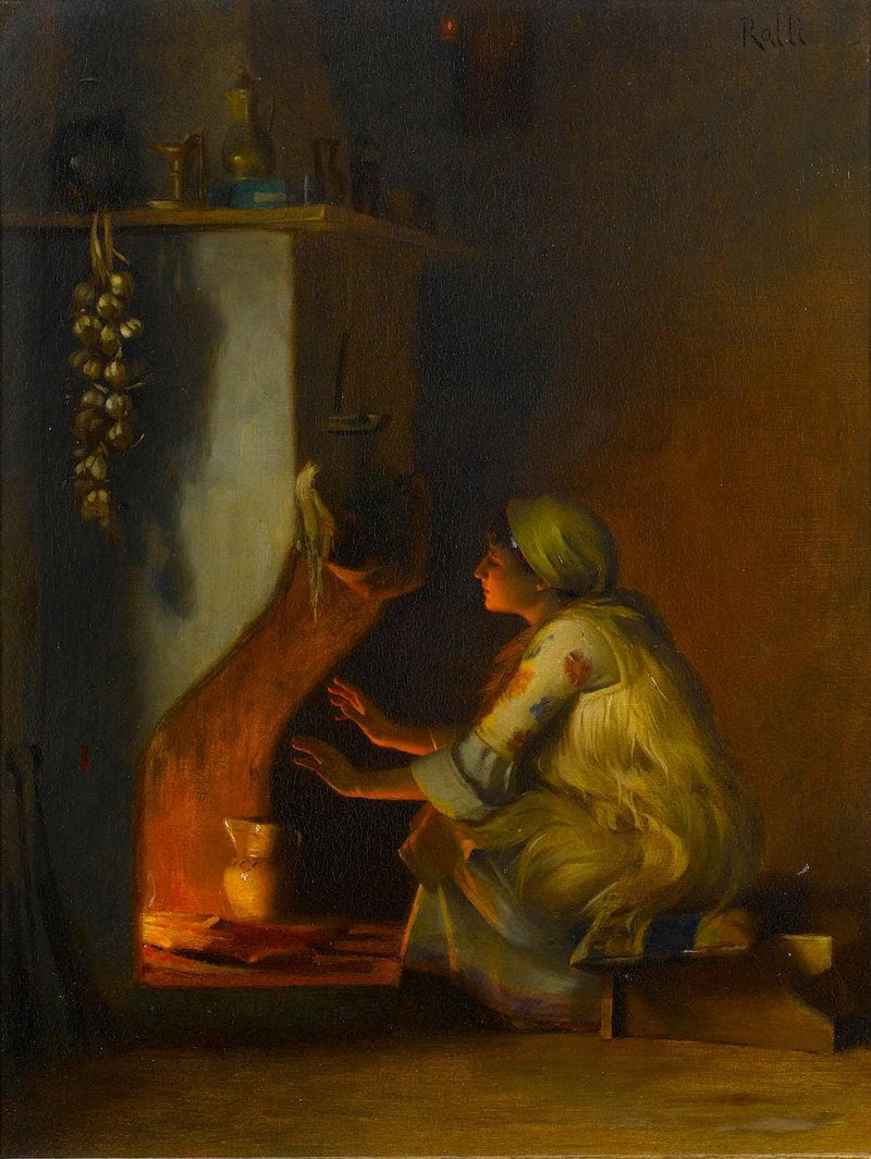 Young girl by a fire by Théodore Ralli — Oil Painting Reproduction