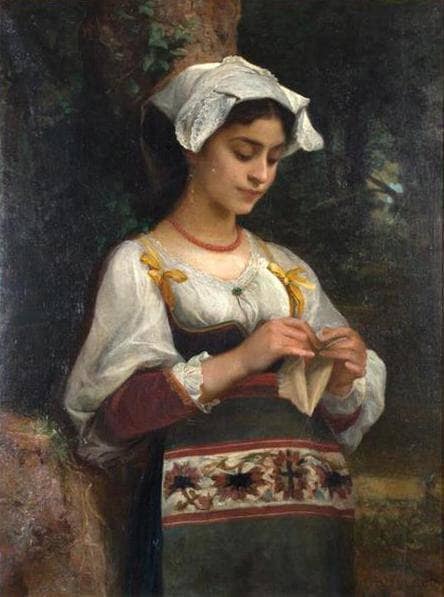 Young girl knitting in a wooded landscape by Diogène Maillart — Oil Painting Reproduction