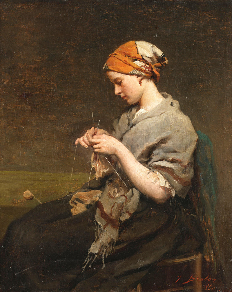 Young girl knitting (version 2) by Jules Breton — Oil Painting Reproduction