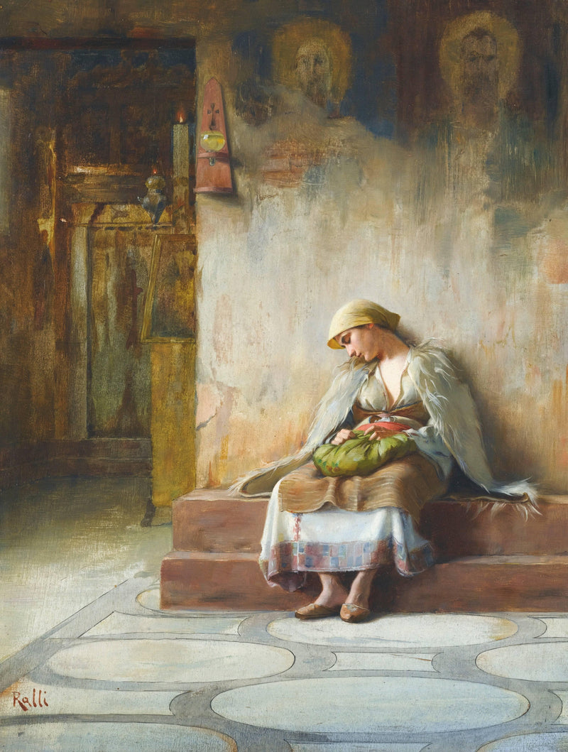 Young girl sleeping in a church by Théodore Ralli — Oil Painting Reproduction