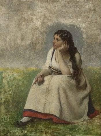 Young Girl Thinking by Jules Breton — Oil Painting Reproduction