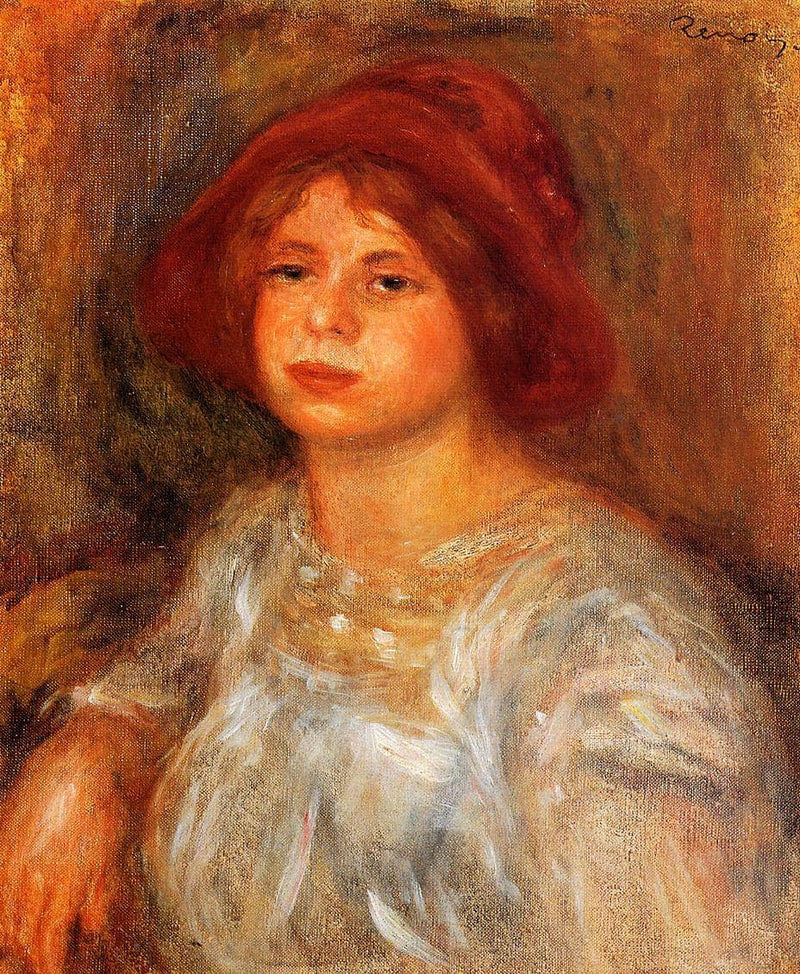 Young Girl Wearing a Red Hat by Pierre-Auguste Renoir — Oil Painting Reproduction