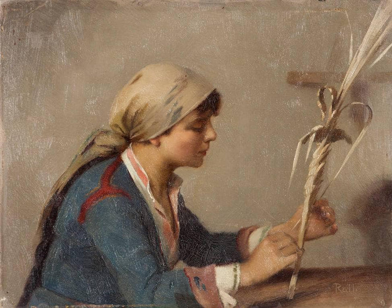 Young girl weaving willow branches by Théodore Ralli — Oil Painting Reproduction