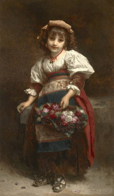 Young girl with a basket of flowers in modern living room