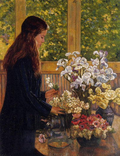 Young Girl with a Vase of Flowers in dining room
