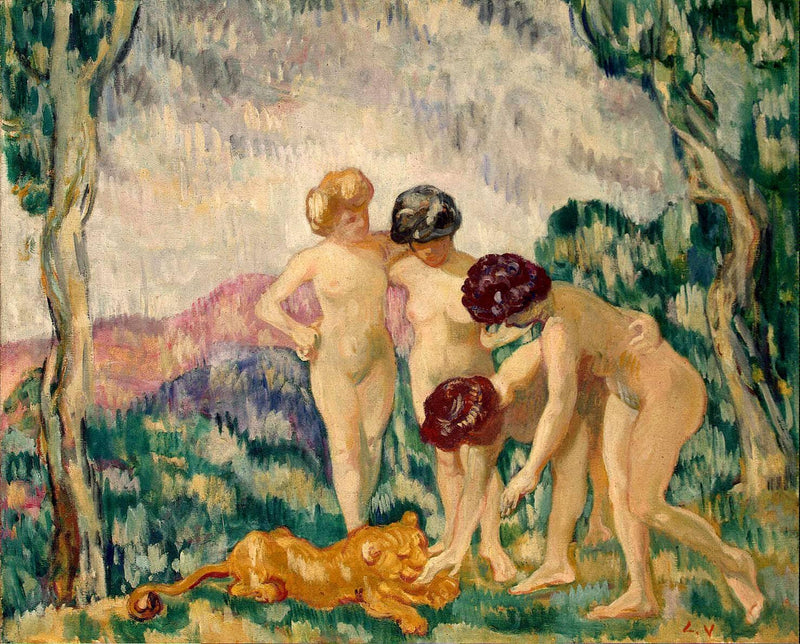 Young Girls Playing with a Lion Cub by Louis Valtat — Oil Painting Reproduction