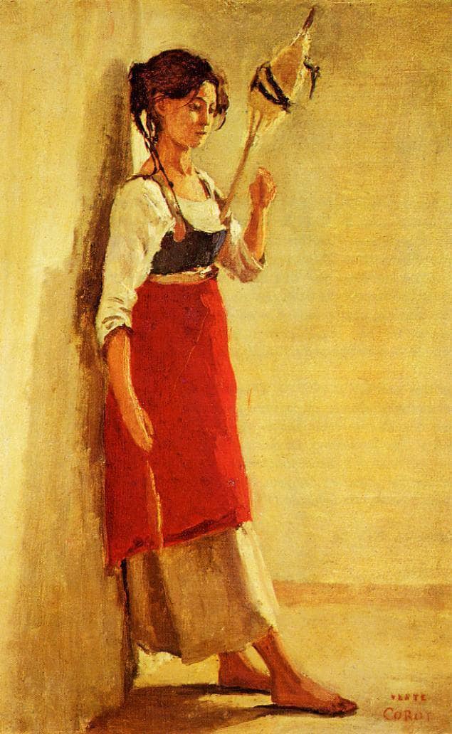 Young Italian Woman from Papigno with Her Spindle by Camille Corot — Oil Painting Reproduction