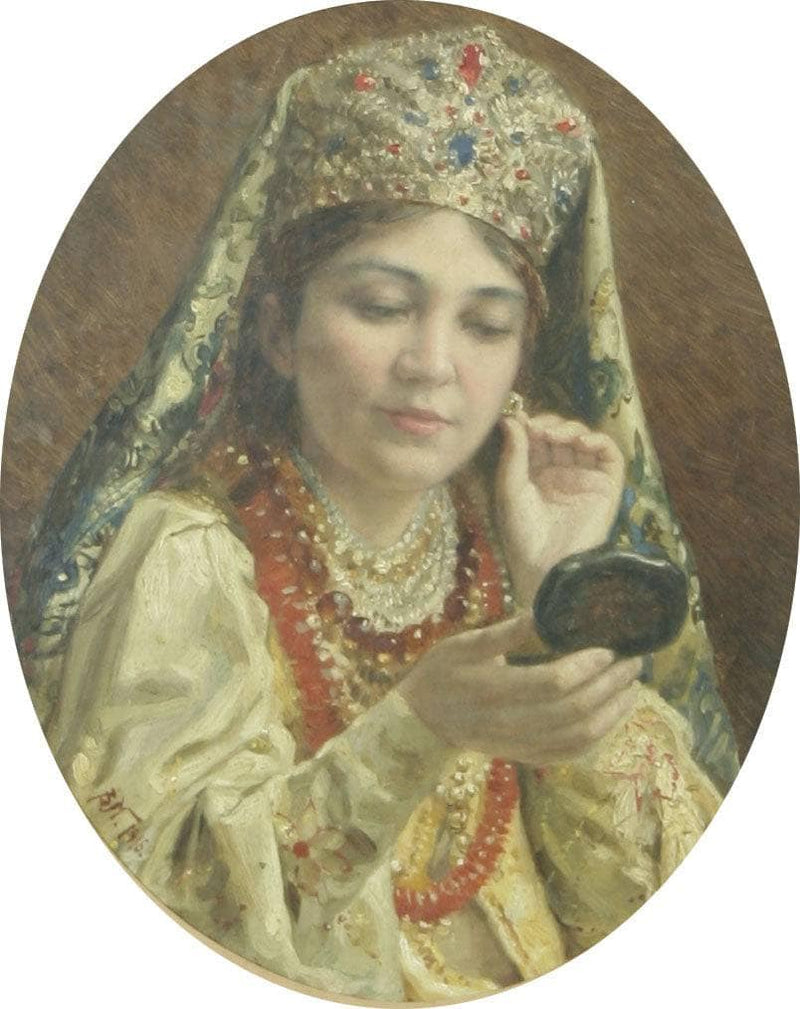 Young Lady Looking into a Mirror by Vladimir Makovsky — Oil Painting Reproduction