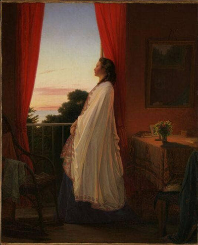 Young Lady Watching the Summer Night from an the Open Door of a Veranda in kitchen