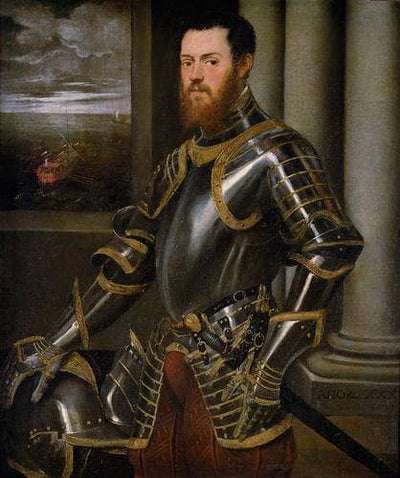 Young man in a gold decorated suit of armour in modern living room