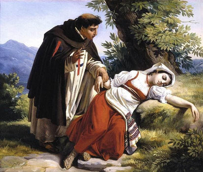 Young monk waking a roman peasant girl in entryway