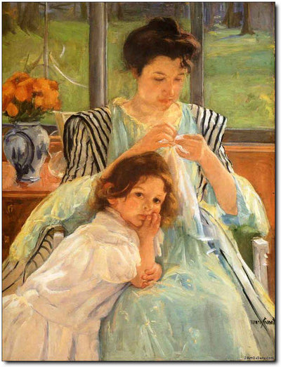 Young Mother Sewing in study