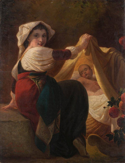 Young Neapolitan girl, showing the sleeping child in the cradle in bedroom