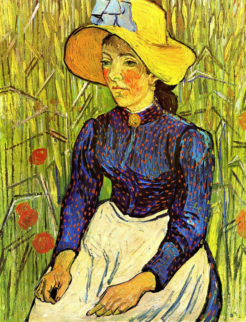 Young Peasant Girl in a Straw Hat sitting in front of a wheatfield by Vincent van Gogh — Oil Painting Reproduction