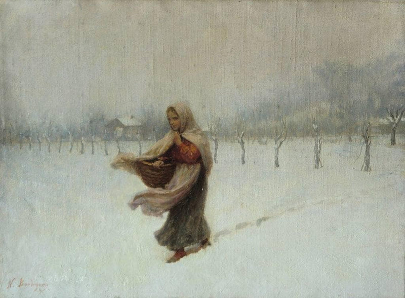 Young peasant woman in the snowy landscape of San Zenone by Noè Bordignon — Oil Painting Reproduction