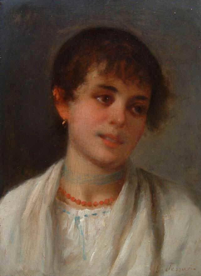 Young peasant woman with red necklace by Vittorio Tessari — Oil Painting Reproduction