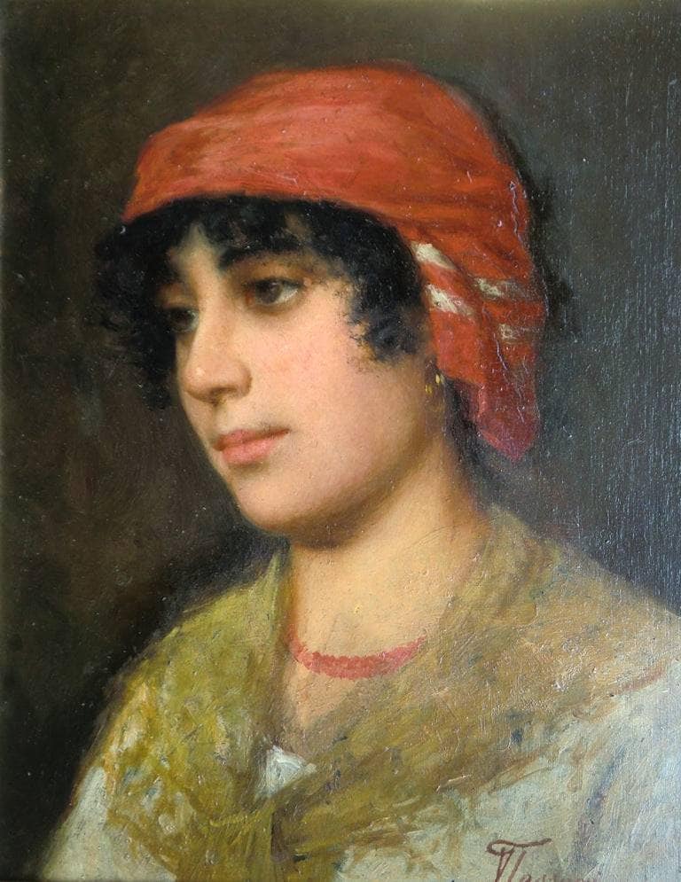 Young peasant woman with yellow shawl by Vittorio Tessari — Oil Painting Reproduction