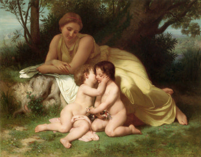 Young Woman Contemplating Two Embracing Children in entryway