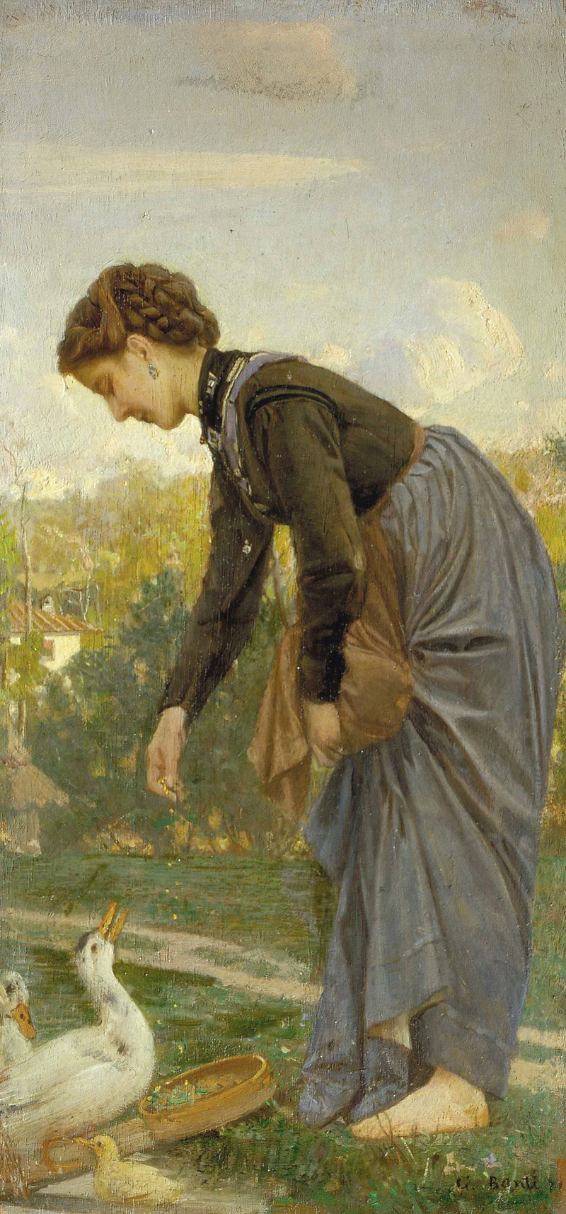 Young woman feeding the ducks by Cristiano Banti, Oil Painting Reproduction