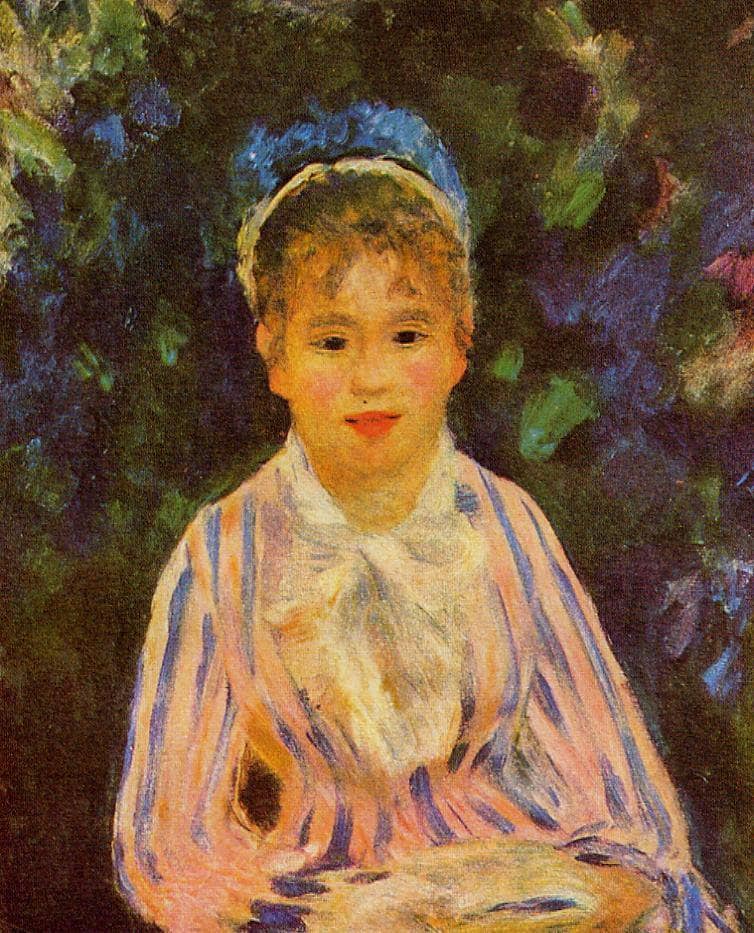 Young Woman in a Blue and Pink Striped Shirt by Pierre-Auguste Renoir — Oil Painting Reproduction