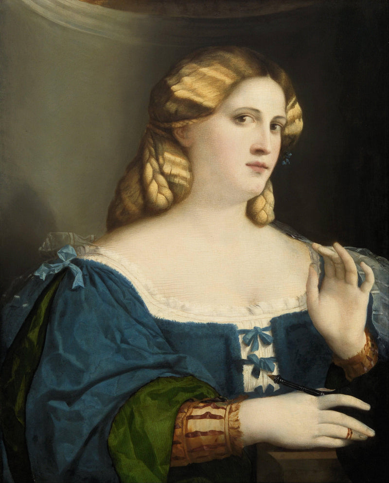 Young Woman in a Blue Dress, with Fan by Palma Vecchio — Oil Painting Reproduction