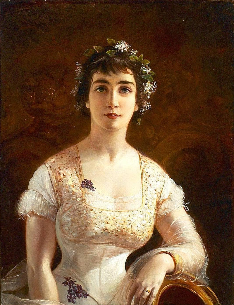 Young woman in a white dress with a wreath in her dark hair by Elisabeth Jerichau-Baumann — Oil Painting Reproduction