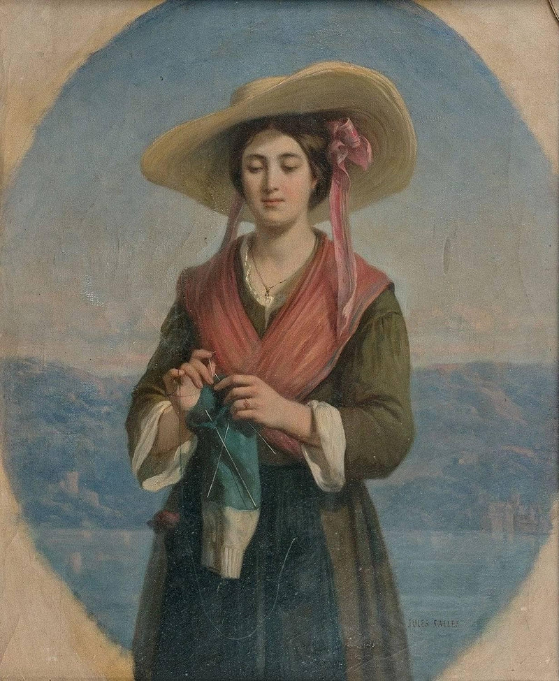 Young woman knitting in front of a lake by Jules Salles — Oil Painting Reproduction