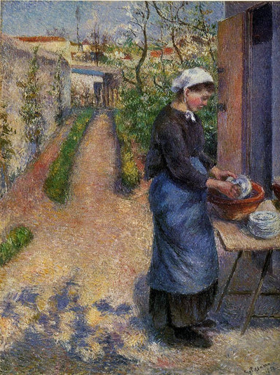 Young Woman Washing Plates in entryway