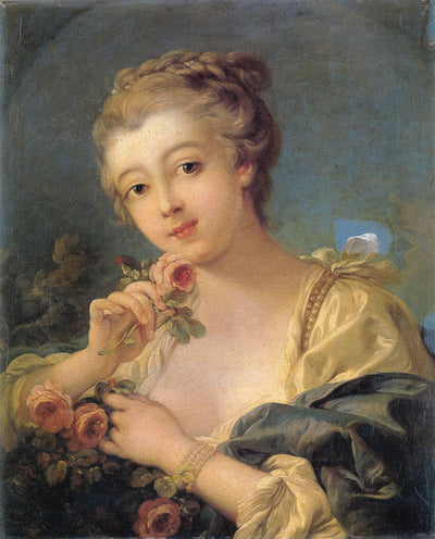 Young Woman with a Bouquet of Roses in hallway
