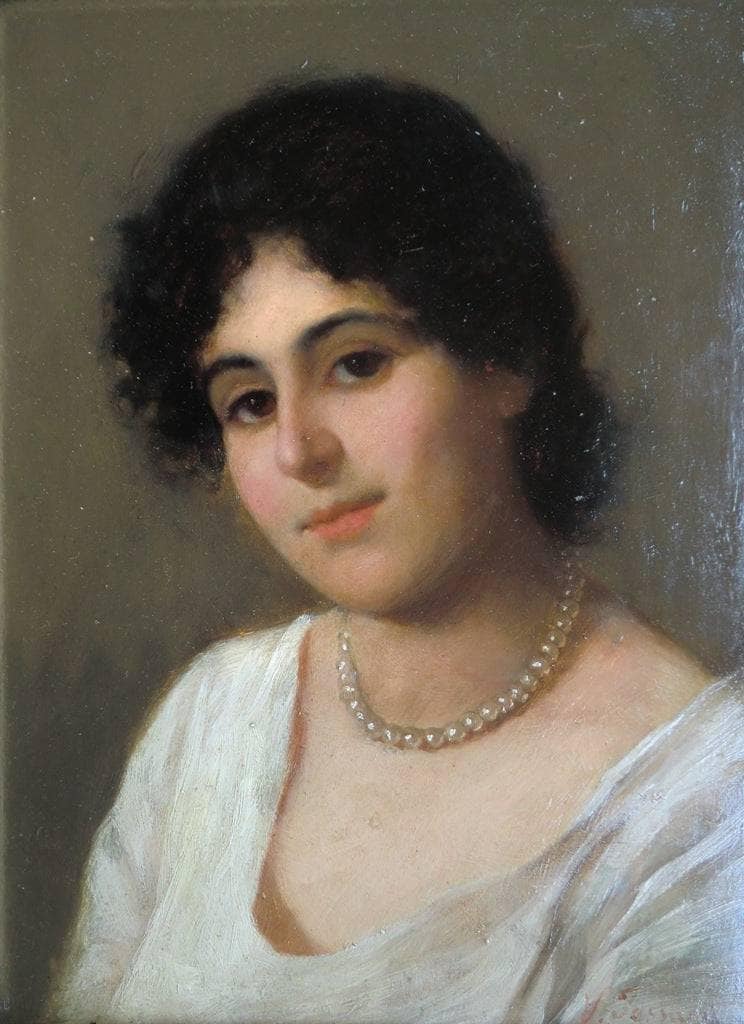 Young woman with pearl necklace by Vittorio Tessari — Oil Painting Reproduction
