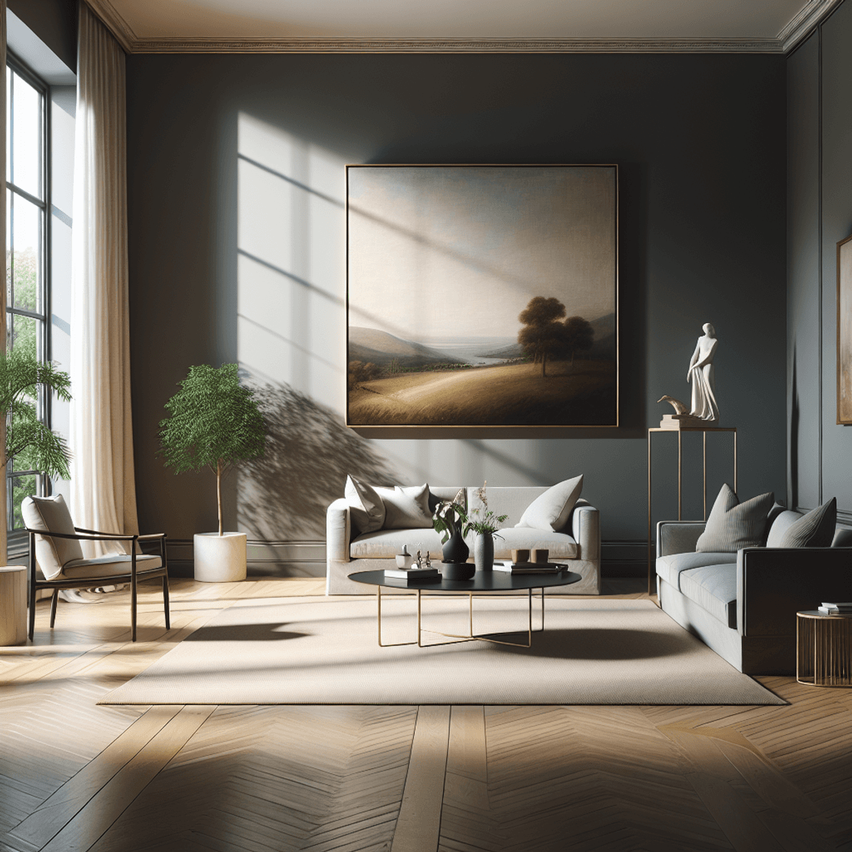 A minimalist interior space bathed in soft natural light, featuring simple furniture and decor. An elegant oil painting hangs on the wall, showcasing artistic a