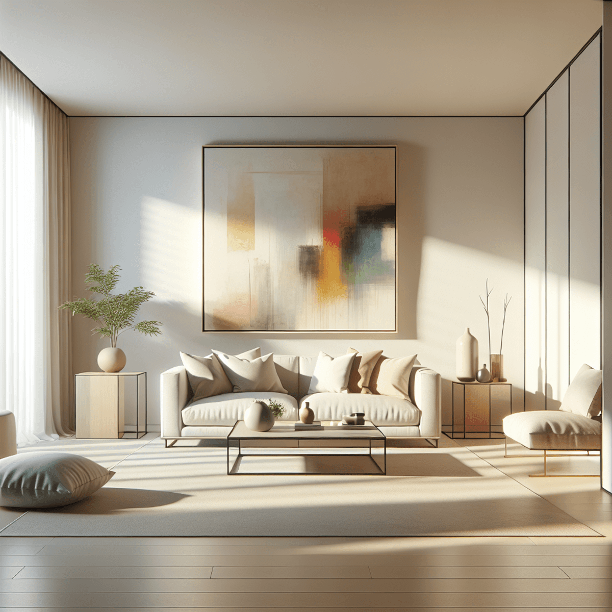 A minimalist living room featuring soft natural lighting, with a large, colorful abstract art piece as the focal point on the wall. The room is decorated in a s