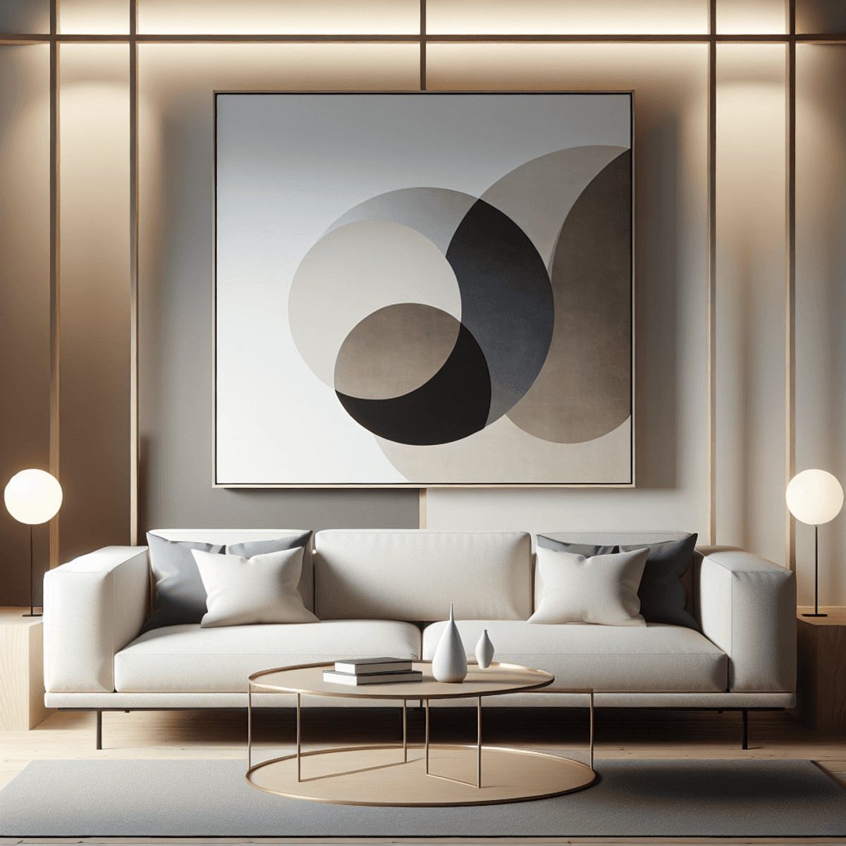 A minimalist living room featuring a large abstract artwork above a sleek, trendy sofa. The space is illuminated by soft lighting, highlighting a neutral color 