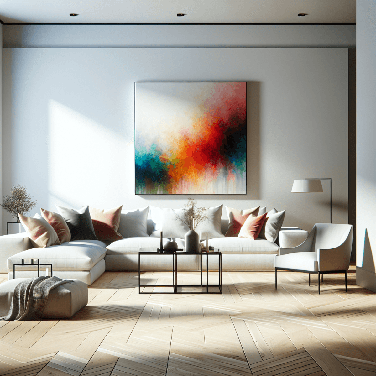 A minimalist living room featuring minimal furniture, with a large, vibrant abstract painting as the focal point on a pristine white wall, softly lit to enhance