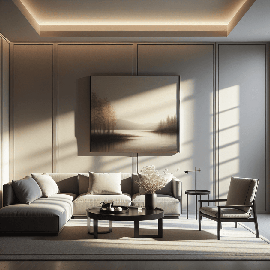 A minimalist-style room featuring sleek-lined furniture in a monochromatic color scheme, softly illuminated by warm recessed lighting that creates gentle shadow