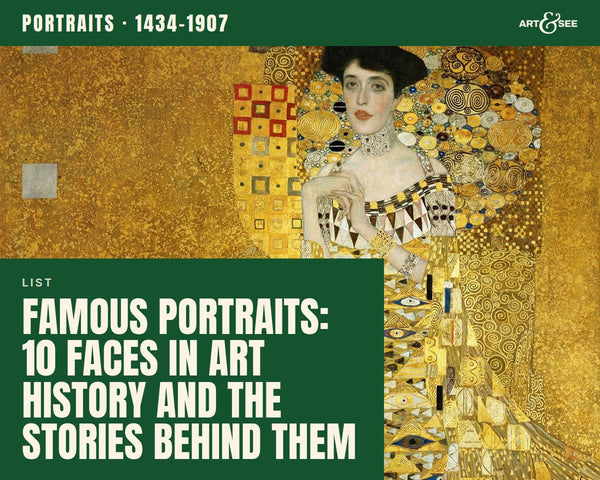 Famous Portraits: 10 Faces in Art History and the Stories Behind Them: cover showing Gustav Klimt, Portrait of Adele Bloch-Bauer I, 1907