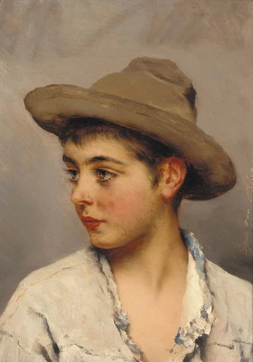 A young boy wearing a stetson - Eugene de Blaas