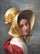 A young lady in a straw bonnet in modern living room