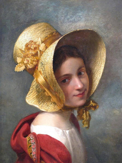 A young lady in a straw bonnet in home office