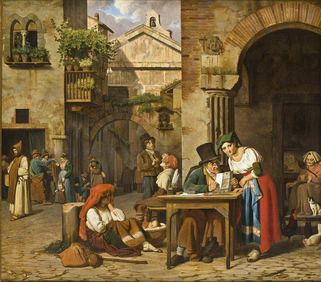 A Roman street letter-writer reading a letter aloud to a young girl by Ernst Meyer — hand-painted architectural oil painting reproduction on canvas
