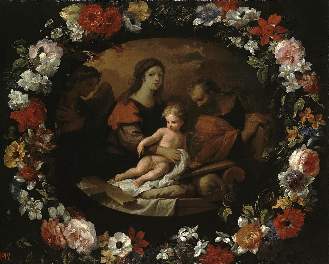 Holy Family in a wreath of flowers by Erasmus Quellinus the Younger, hand-painted cultural oil painting reproduction on canvas