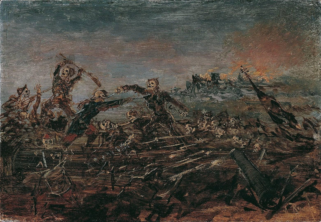 Dance of death on the battlefield in front of burning ruins by Anton Romako — hand-painted landscape oil painting reproduction on canvas