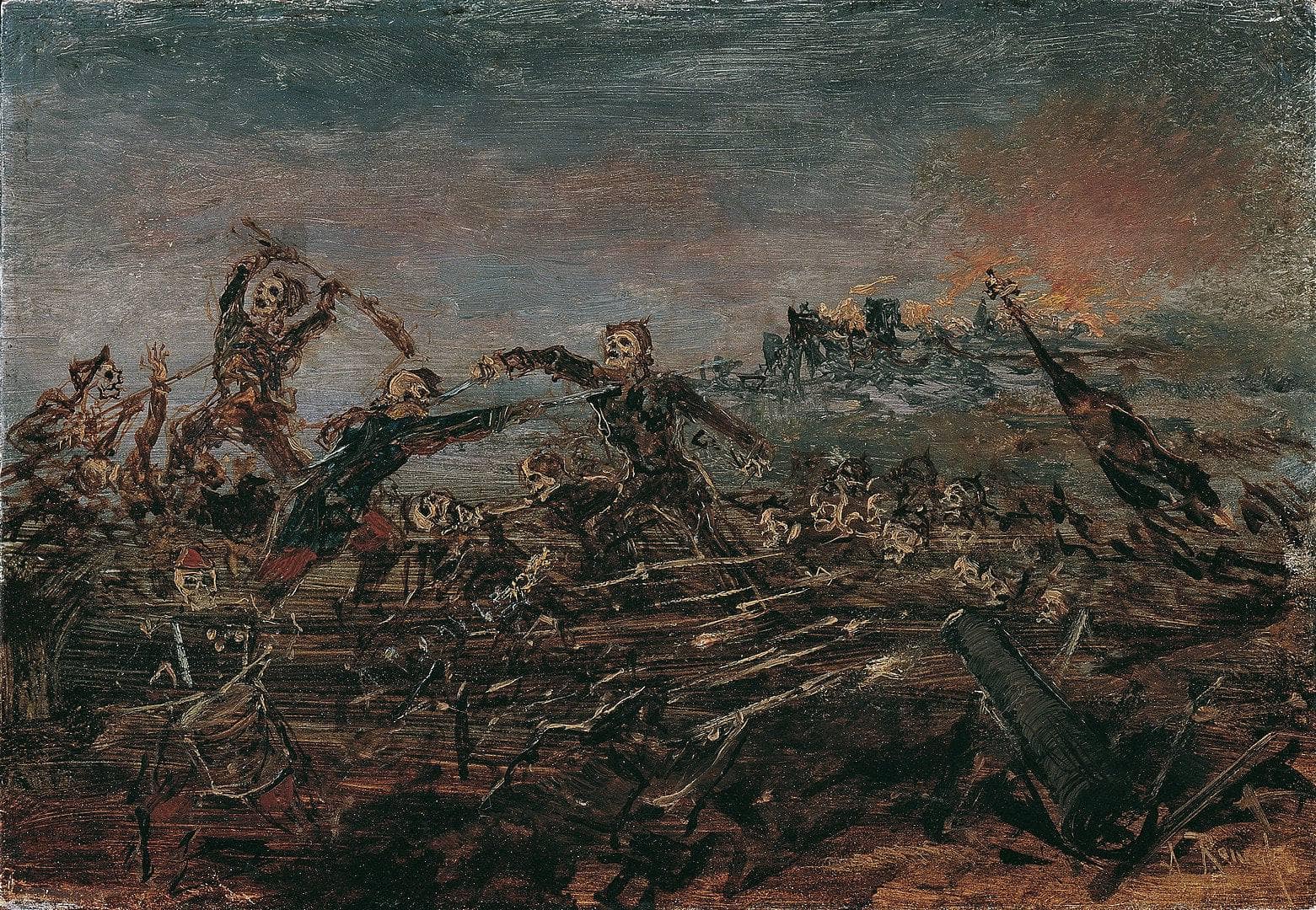 Dance of death on the battlefield in front of burning ruins
