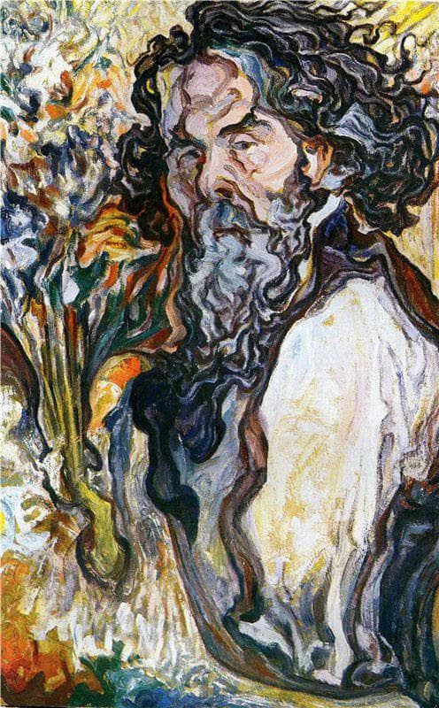 Self-portrait with a bouquet of flowers by Oleksa Novakivskyi — hand-painted portrait oil painting reproduction on canvas