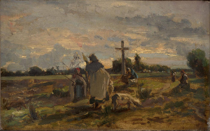 Women spinning near a shrine on the edge of a field by Jules Breton — hand-painted landscape oil painting reproduction on canvas