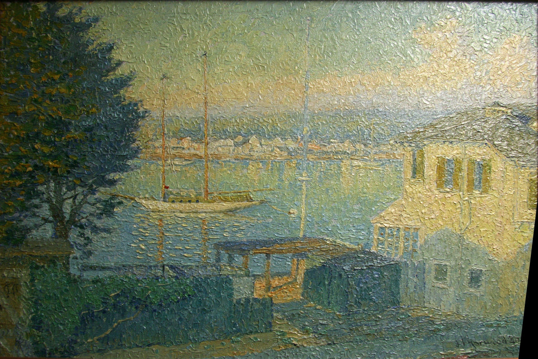 Creeping Shadows: Yachts at Rest,Balboa, California by James Taylor Harwood — hand-painted landscape oil painting reproduction on canvas