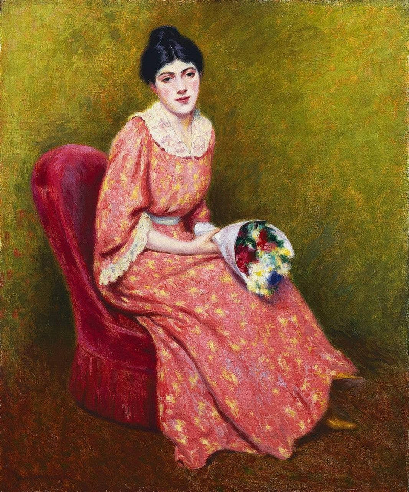 Young woman with a bouquet of flowers on gallery wrap