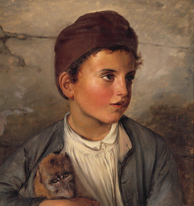 A little Italian boy with his monkey in apartment