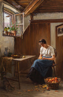 Young woman peeling apples by Carl Zewy — life oil painting wall art, Realism
